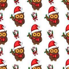 Seamless vector pattern of cute cartoon owls in Santa hats, holding holly sprigs, with candy canes and bows, creating a festive Christmas design.
