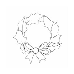 Minimalist line art christmas wreath design with holly leaves and festive bow for holiday decorations
