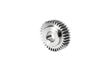 A 3D rendered image of a metallic gear, isolated on a transparent background. background removed