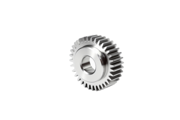 A 3D rendered image of a metallic gear, isolated on a transparent background. background removed
