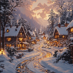 Fototapeta premium Snowy village with a stream and road.