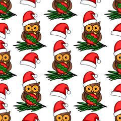 Seamless vector pattern featuring adorable owls in Santa hats, holding Christmas ornaments, nestled on fir branches, creating a festive and cheerful winter design.