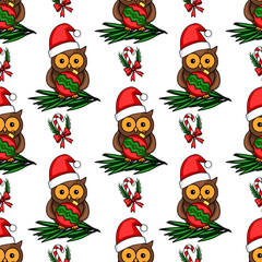 Seamless vector Christmas pattern featuring adorable owls in Santa hats, holding Christmas baubles, nestled on fir branches, interspersed with candy canes and festive bows – a charming design perfe...
