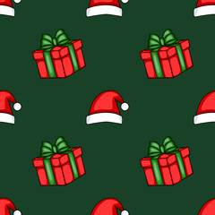 Seamless vector pattern featuring cheerful Christmas gifts with green ribbons and Santa hats on a dark green background, perfect for festive designs.