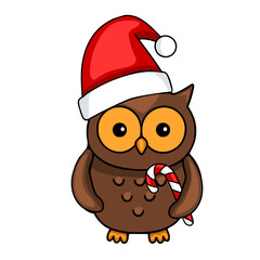 Adorable vector illustration of a brown owl wearing a Santa hat and holding a candy cane, perfect for Christmas-themed designs.