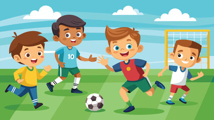 Animated Kids Playing Soccer on a Green Field With Goal and Cloudy Sky