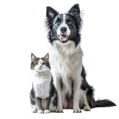 Obraz premium Happy border collie and fluffy cat sitting together, isolated on transparent background