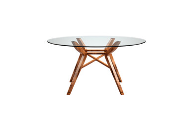 Modern glass top coffee table with a unique wooden base, showcasing elegant design. background removed