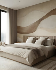 A modern bedroom with a mural wall design, neutral colors, and a spacious feel