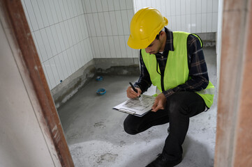 Engineer or inspector using blueprint check sheet examining cracked concrete floor during house construction. Quality control, building inspection, structural defect, real estate maintenance concept.
