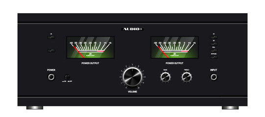 Vector dark vintage integrated hybrid amplifier. Musical high technological equipment. High tech gadget. Buttons, knobs, sound screens, devices with arrows. Isolated background.