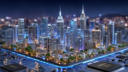 Fototapeta premium Smart City Night Futuristic Metropolis on Circuit Board