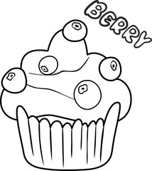 Vector outline muffin. Hand drawn illustration.Sweet cupcake with cream and blueberry and lettering "Berry". Illustration in doodle style. Isolated on white background.