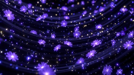 Obraz premium Glowing Purple Flowers Dark Abstract Background Cinematic Lighting High Resolution Fan