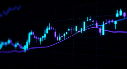 A close up view of a financial chart with blue and purple lines on a dark black background display