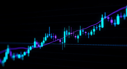 Neon stock market chart with an upward trend line against a dark black colored background view