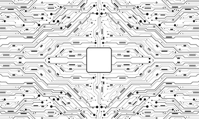 Abstract black circuit board technology connected lines electronics elements computer motherboard chip processor semiconductor digital on white background vector