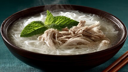 Delicious Chicken Noodle Soup  Steaming Hot Broth  Asian Cuisine  Garnish  Food Photograph