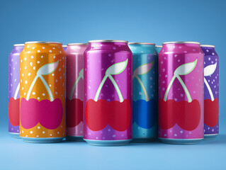 Fototapeta premium A vibrant assortment of cherry soda cans, each adorned with a playful cherry design and colorful polka dots against a sleek blue backdrop.