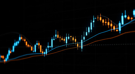 Candlestick chart with blue and orange bars on a black background showing market trends and analysis