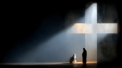 Dramatic Nativity Scene  Silhouette of Mary  Joseph  Cross  Hope  Faith  Spirituality