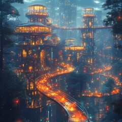 Futuristic cityscape with sleek skyscrapers towering under a blue sky.