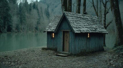 Rustic Cabin by Frozen Lake  Dramatic Dusk Landscape