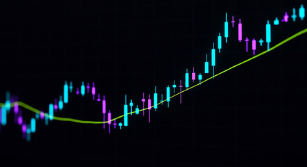 A close up view of a stock market chart with a yellow line on a black background showing an upward trend