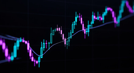 Stock market chart with teal and purple candlesticks on a black background showing market trends