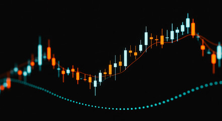 Candlestick chart with upward trend in orange and blue on a dark background illustration