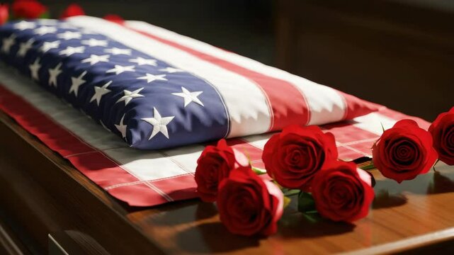 American flag draped over casket with red roses. Memorial service includes folded flag and flowers symbolizing remembrance and respect. Patriotism and grief concept for funeral programs