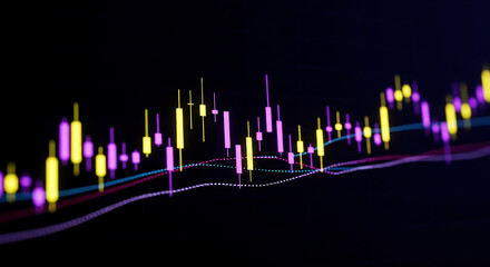 Abstract financial chart with candle sticks and line graphs on a dark background display pattern