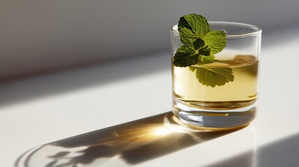 Glass tea with mint sprig sits white table casting shadow. AI generated.