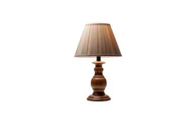 Elegant wooden table lamp with a beige pleated shade, perfect for bedside or living room. background removed