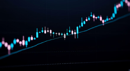 A close up view of a stock chart with blue and white candles on a dark background showing an upward trend