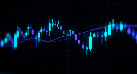 A glowing stock market chart with blue and purple lines on a dark background showing financial data