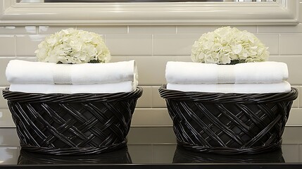 Two baskets with towels and flowers arranged in a bathroom setting