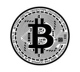 Cryptocurrency coin with a bitcoin symbol. The coin is depicted in black and white. Vector illustration.