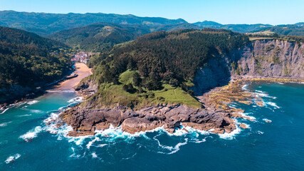 Beautiful panorama captured from a drone over EA, a charming village in the Basque Country, with...