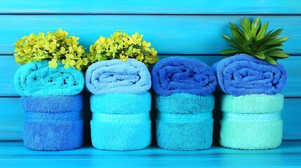 Rolled Towels Displayed with Plants Against a Blue Wooden Background
