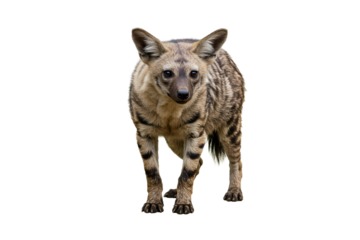 Aardwolf in an alert stance with open mouth and forward-leaning posture, showing striped coat and fangs, isolated on white background for animal behavior studies, wildlife graphics,