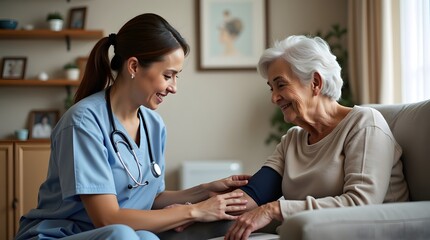 A female nurse in scrubs smiles while taking the blood pressure of an elderly woman at home.