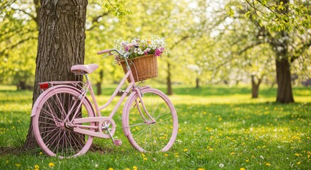 Pink Bicycle with Flower Basket in a Sunny Park