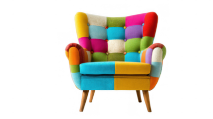 Comfortable vintage chair with multicolored upholstery and wooden legs stands out against transparent background, showcasing bold blocks of color and unique patchwork design
