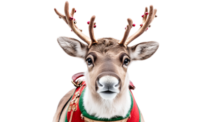 Reindeer with antlers and festive apparel, isolated on transparent background