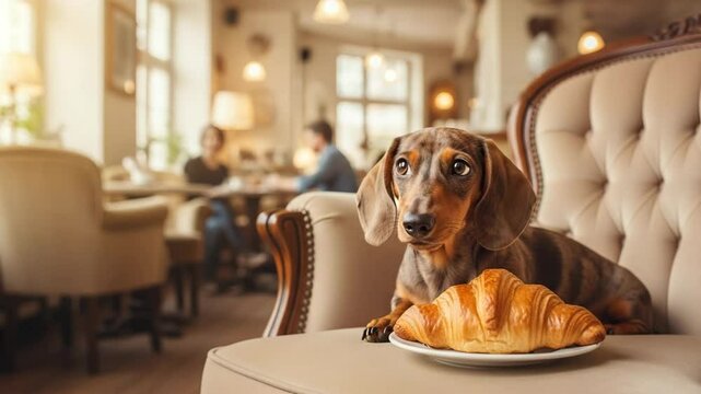 Funny dachshund dog sitting on elegant chair next to a croissant in a cozy vintage caf&eacute; interior

