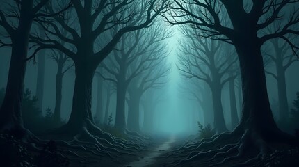 Eerie misty forest path with gnarled trees creates a mysterious atmosphere. Atmospheric composition, ideal for fantasy, horror, or nature-themed projects.
