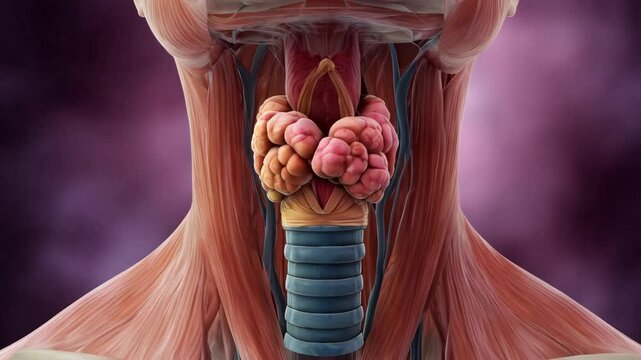 Illustration of a human neck with exposed muscles and the thyroid gland, a detailed medical visualization showing the organ system and anatomy.