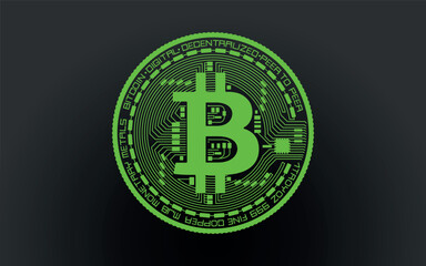 Cryptocurrency green coin with a bitcoin symbol on the face. Isolated on a black background. Vector illustration.
