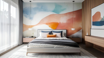 A modern bedroom with an abstract mural wall, a minimalist bed frame, and contemporary dcor